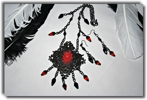 Red Rose on Black Gothic Victorian Vintage Necklace and Earrings Set